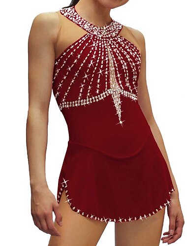  フィギュアスケート ドレス 女性用 女の子 アイススケート ドレス ブラック ホワイト ピンク オープンバック メッシュ スパンデックス 高弾性 訓練 競技大会 スケートウェア クリスタル・ラインストーン ノースリーブ アイススケート フィギュアスケート