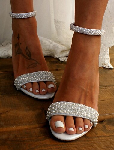  Femme Chaussures de mariage Escarpins Chaussures bling-bling Chaussures de mariée Talon Bottier Bout ouvert Rétro Vintage Faux Cuir Blanche Ivoire