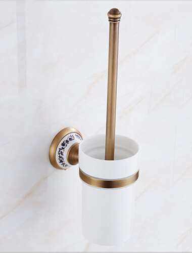  Escova de vaso sanitário com suporte, escova de vaso sanitário de cerâmica de latão antigo montada na parede e suporte para banheiro