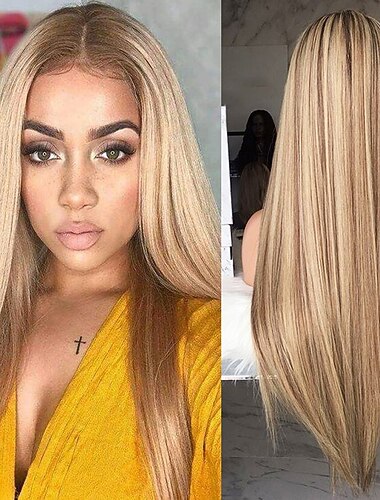  syntetisk peruk rak kinky rak asymmetrisk maskintillverkad peruk blond långt blont syntetiskt hår 27 tum kvinnors mittdel blond / dagligt slitage barbiecore peruker