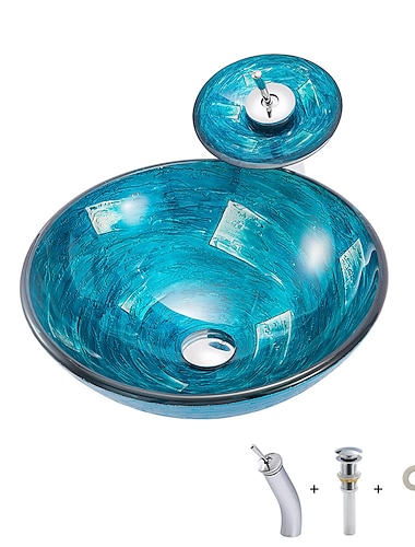 minimalistische mediterrane wind ronde wastafel gehard glazen wastafel met waterval kraan wastafelsteun afdruiprek