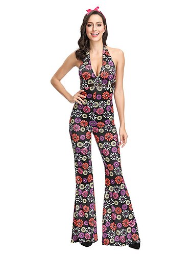  Hippie Scheibe Retro Vintage 1960er Hippie 1970er Disko Austattungen Fließende Hose Kumpel Funk Herren Damen Paar Kostüm Jahrgang Cosplay Ärmellos Gymnastikanzug Einteiler Baumwolle Schlager Outfit