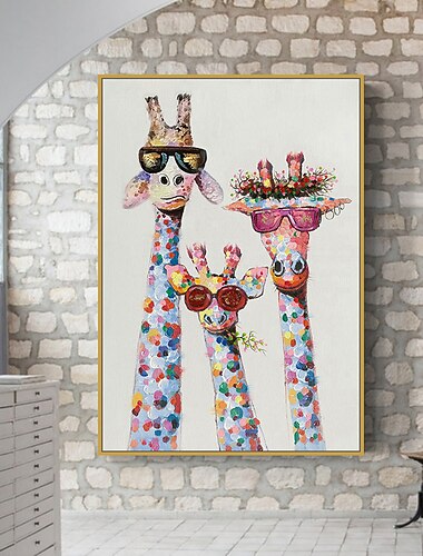  Vivero pintura al óleo hecho a mano pintado a mano arte de la pared colorido dibujos animados jirafa animal decoración del hogar decoración marco estirado listo para colgar