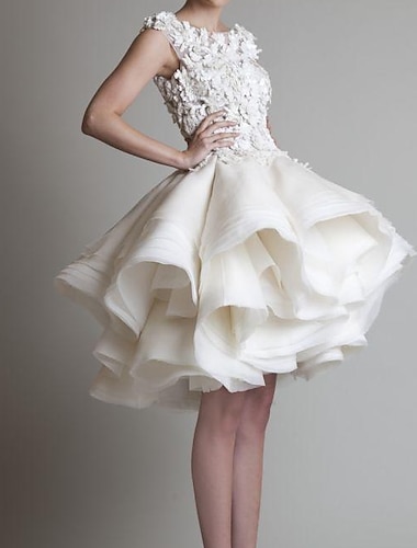  Réception Vintage années 1940  1950 Petite Robe Blanche Robes de Douche Nuptiale Robes de Mariée A-Line Col Creux Sans Manches Robes de Mariée en Dentelle Asymétriques Avec Appliqués Volants