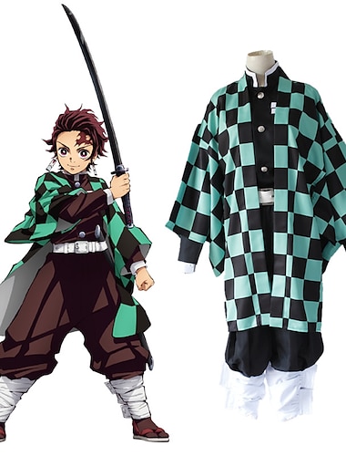  Inspiré par Tueur de démons: Kimetsu no Yaiba Kamado Tanjirou Manga Costumes de Cosplay Japonais Costumes de Cosplay Haut Pantalon Manteau Pour Homme Femme / Genouillère / Ceinture de Tour de Taille