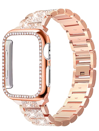  Ver Banda para Apple Watch 38mm 40mm 41mm 42mm 44mm 45mm 49mm iwatch Series Ultra 8 7 6 SE 5 4 3 2 1 Acero Inoxidable Diamantes Sintéticos Reemplazo Correa con caso Diamante brillante Pulsera de