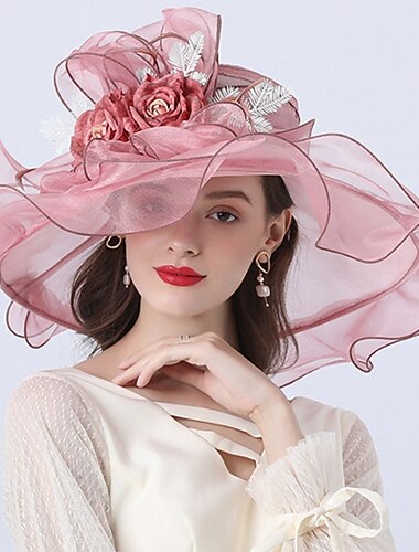  hatut päähineet tulle organza hattu olkihattu auringonhattu häät ulkona Melbourne Cup cocktail Royal Ascot muoti vintage-tyyli kaarimaisella kukalla päähine hatut kilpailupäivän mekko