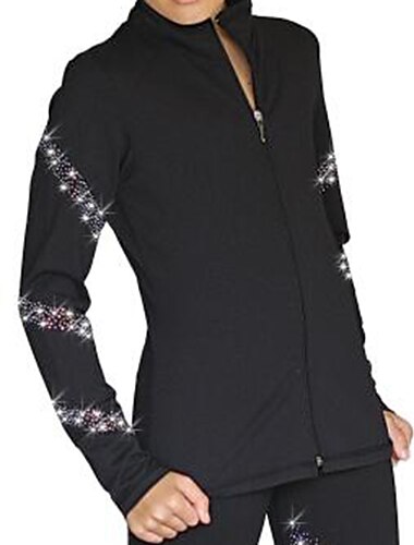  Fleecejacke fürs Eiskunstlaufen Damen Mädchen Eislaufen Jacke Austattungen Oberteile Schwarz Elasthan Hochelastisch Ausbildung Wettbewerb Eiskunstlaufkleidung Handgemacht Kristalle Langarm Eislaufen