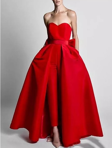  Jumpsuits Evening Gown Minimalist Dress Red Green Dress Wedding Guest Detachable Sleeveless Sweetheart Pocket Satin with Bow(s) Overskirt 2024