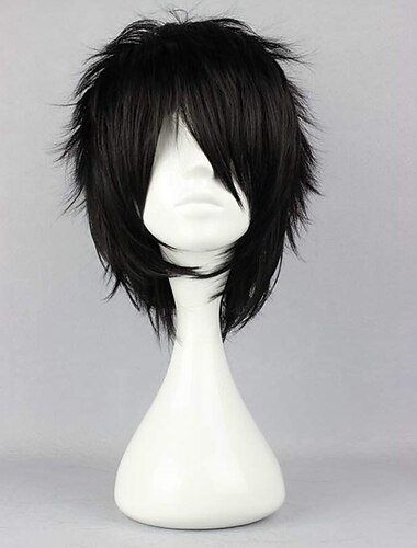  Schwarze Perücken für Männer Cosplay Perücke synthetische Perücke lockig asymmetrisch kurze schwarze synthetische Haare 12 Zoll Männer flauschige schwarze Halloween-Perücken