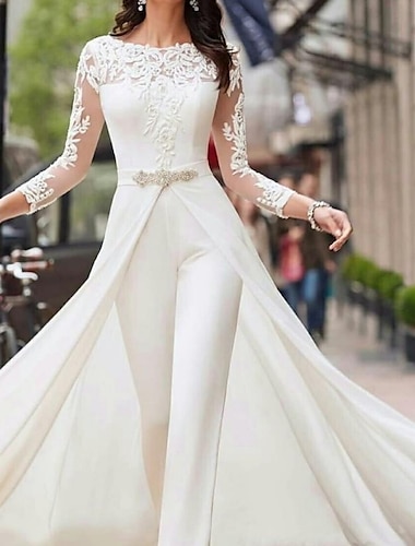  sál jednoduché svatební šaty kombinézy iluze krk dlouhý rukáv délka podlahy krajkové svatební šaty s vlečkami / stuhami krystaly 2024