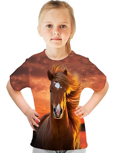  キッズ 女の子 tシャツ tシャツ 半袖 ちょうちょ 猫 馬 カラーブロック 3d アニマルプリント レイクブルー ネイビー ホワイト 子供トップス ベーシック ストリート 可愛い
