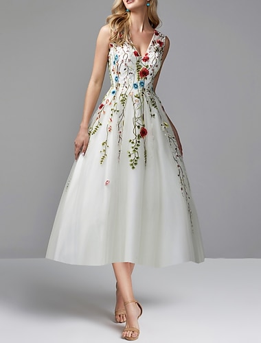  Linha A Vestidos de baile Floral Vestido Convidado do casamento Desgaste do partido Longuette Sem Manga Decote V Renda com Bordado Apliques 2024