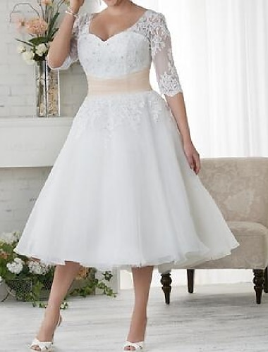  Empfang Hochzeitskleider A-Linie Illusion-Ausschnitt V-Ausschnitt Halber Ärmel Tee-Länge Spitze Brautkleider Mit Spitzenapplikationen 2025