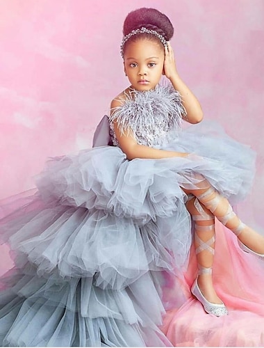  A-Line Chapel Train Flower Girl Dress Pageant & Performance Cute Prom Dress POLY with Feathers / Fur Tiered Fit 3-16 Years