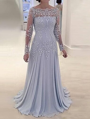  A-Linie Brautmutterkleid Hochzeitsgast Eleganter gewellter Ausschnitt Sweep  Brush Train Langarm mit Falten Applikationen 2025 Maßanfertigung kostenlos
