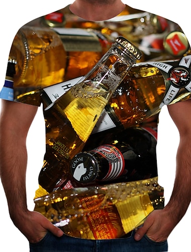  Voor heren Kleurenblok 3D Bier Grote maten T-shirt Korte mouw Uitgaan Tops Basic Ronde hals Regenboog