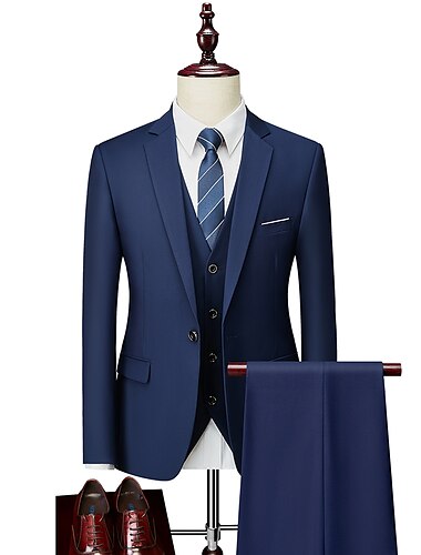  Trajes de Fiesta de Boda para Hombre Trajes de Noche Trajes de Regreso a Casa Color Sólido Champagne Azul Marino Ajuste Estándar 3 Piezas Doble Botón Un botón