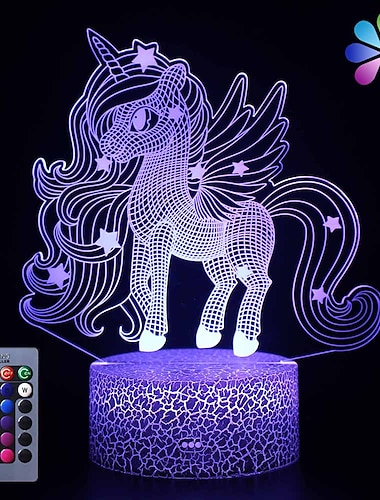  ضوء ليلي ثلاثي الأبعاد من يونيكورن للأطفال 7/16 جهاز تحكم عن بعد متغير اللون يعمل باللمس باهتة وضع التدرج بطاريات عيد الحب تعمل بالطاقة USB 1 قطعة