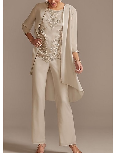  Combinaison  Pantalon Mère de la Mariée Invité de Mariage Formelle Élégante Col Bijou Longueur de Sol Chiffon Dentelle Manches 3/4 avec Appliqués en Perles 2025 taille personnalisée gratuite