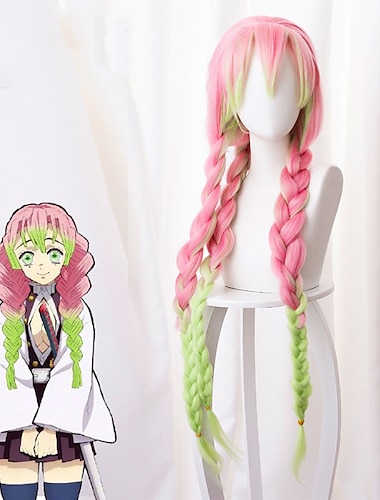  Mitsuri Kanroji Cosplay Dämonentöter: Kimetsu no Yaiba Kanroji Mitsuri Cosplay Perücken Damenzopf 40 Zoll hitzebeständige Faser geflochten rosa Anime-Perücke für Erwachsene Halloween-Perücke
