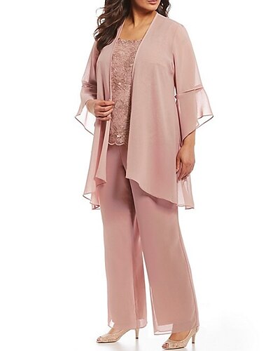  Combinaison/Pantalon Mère de la Mariée Invitée de Mariage Formelle Église Élégante Grande Taille Col Bijou Longueur de Sol Chiffon Dentelle Manches 3/4 avec Appliqués 2025 taille sur mesure gratuite