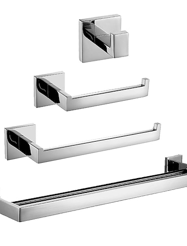  Juego de accesorios de hardware para baño, toallero, soporte para papel higiénico, toallero y gancho doble para albornoz, níquel cepillado, montado en la pared, acero inoxidable, plateado, 4 Uds.