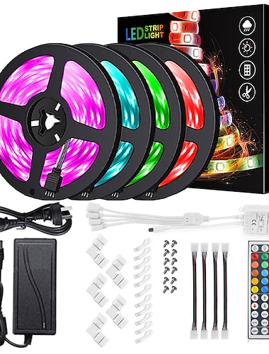 kwb led light strip kit waterdicht 20m (4 * 5m) 5050 10mm rgb 600 leds strip verlichting met 44key ir afstandsbediening kit en 12v 10a eu us au uk voeding met een set montagebeugel