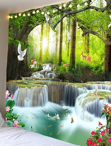  wandtapijten kunst decor deken gordijn picknick tafelkleed opknoping huis slaapkamer woonkamer slaapzaal decoratie natuur landschap bos boom rivier dier