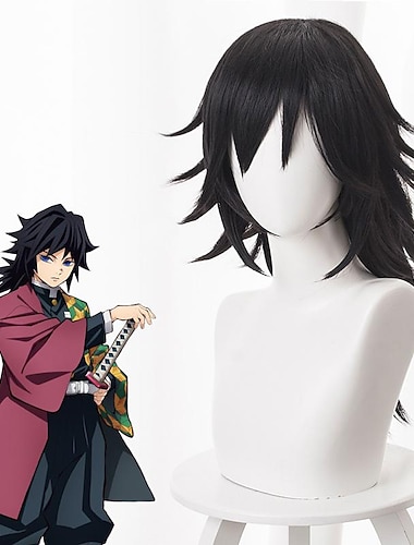  убийца демонов: kimetsu no yaiba tomioka giyuu парики для косплея мужская многослойная стрижка 16-дюймовое термостойкое волокно вьющееся черное аниме-парик для подростков парики для Хэллоуина