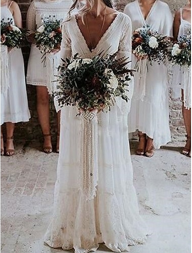  Beach Boho Wedding Dresses A-Line V Neck Long Sleeve Floor Length Lace Bridal Gowns With Lace 2024