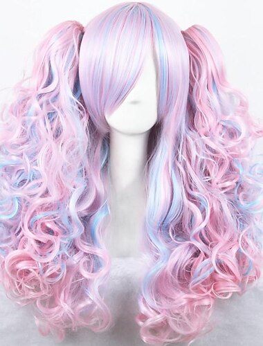  hestehale paryk cosplay kostume paryk cosplay paryk lolita krøllet cosplay med 2 hestehaler paryk langt regnbue syntetisk hår 27 tommer kvinders anime cosplay behagelig blandet farve halloween paryk