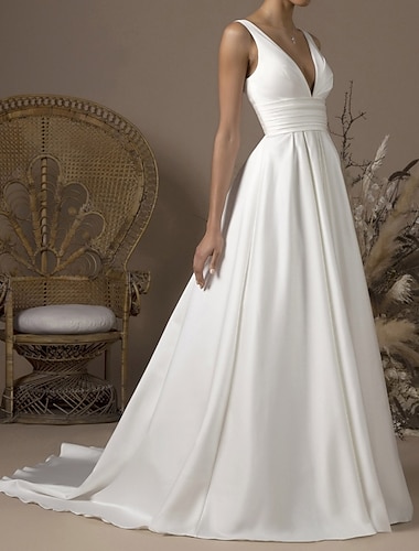  простые свадебные платья трапециевидной формы с v-образным вырезом без рукавов, атласные свадебные платья со шлейфом и складками 2024