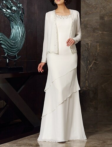  Twee Delige Sheath Bruidsmoeder Jurk Bruiloft Gast Elegant Plus Size Sieraden Chiffon Lange Mouw Wikkel Korte Jas Jurken met Bijwerking Cascading Rimpels Derby Jurk Race Dag Jurk 2025