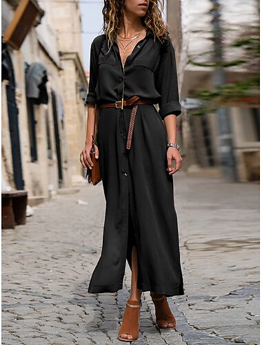  damen shirt kleid maxi langes kleid schwarz armeegrün marineblau langarm einfarbig knopf frühling sommer hemdkragen stilvoll arbeit formell locker 2023 s m l xl