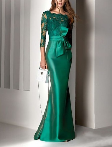  Robe de Soirée à Coupe Sirène Élégante Invité de Mariage Fiançailles Longueur De Plante Manches 3/4 Décolleté Festonné Satin Dos en V avec Ceinture  Ruban Broderie 2025