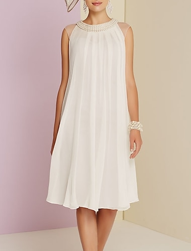  Strandbröllop Kroppsnära Klänning Brudens Mor Klänning Bröllopsgäst Elegant Juvelhals Knälängd Chiffon ÄRMLÖS med Fåll Beadings 2025 fri anpassad storlek