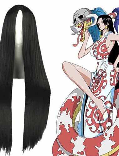  Cosplay Perücke Cosplay Perücke Boa Hancock One Piece gerade Cosplay Mittelteil Perücke sehr lang schwarz Kunsthaar 40 Zoll Damen Anime Cosplay schwarz