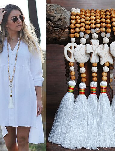  Necklace Long Necklace For Women's Street Birthday Party Beach Stone Wood Tassel