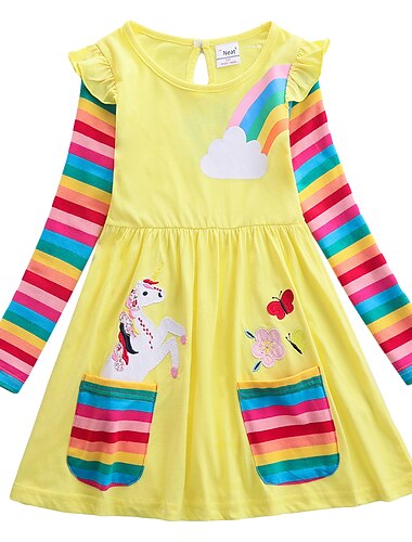  Kinder Wenig Mädchen Kleid Einhorn Regenbogen Blume Tier T Shirt Kleid Zeichentrickfilm Mit Taschen Druck Blau Gelb Fuchsie Übers Knie Langarm Aktiv Freizeit Kleider Normale Passform 2-8 Jahre