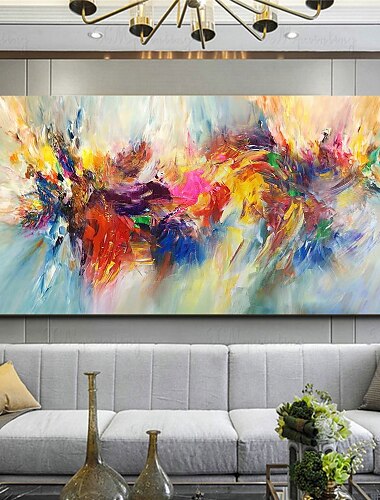  Pintura al óleo pintada a colgar Pintada a mano Panorámica horizontal Abstracto Floral / Botánico Moderno Incluir marco interior / Lienzo enrollado