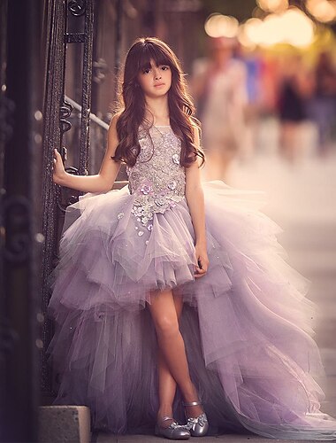  robe de demoiselle d'honneur asymétrique en ligne A pour concours de beauté&amp;robe de bal mignonne pour juniors de performance avec appliques florales / fleuries pour les 3 à 16 ans, robe pour