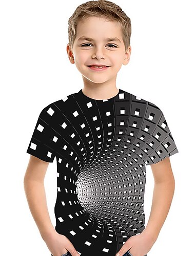 בנים תלת מימד גיאומטרי קולור בלוק הדפסת 3D חולצה קצרה טישירט שרוולים קצרים הדפסת תלת מימד קיץ פעיל ספורט סגנון רחוב ילדים פעוטות