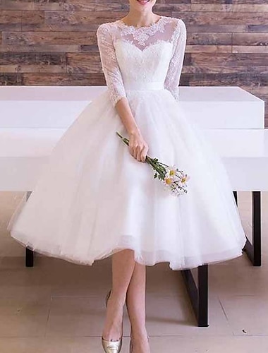  Réception Vintage Années 1940  1950 Petite Robe Blanche Robe de Mariée Robes de Mariée A-Line Illusion Col Manches 3/4 Longueur Thé Dentelle Robes de Mariée Avec Ceintures  Ribbons Applications 2025
