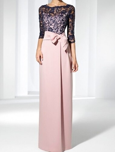  Sheath Mor til Bruden Kjole Bryllups Gjest Elegant Juvel Hals Gulvlengde Satin Blonde 3/4 Lengde Erme med Sløyfe(r) gratis tilpasset størrelse