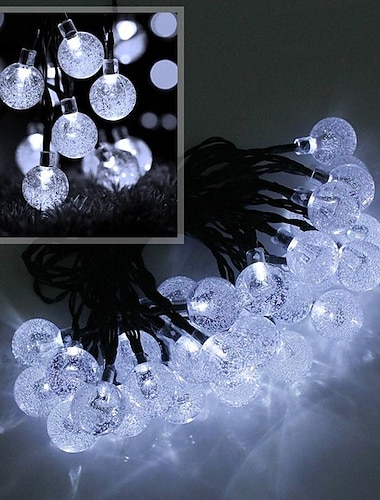  Elegante cadena de luces LED solares de 6,5 m y 30 ledes para recepción de bodas, lámpara de burbujas de bola de cristal, 8 funciones, luces de hadas impermeables para exteriores para jardín,