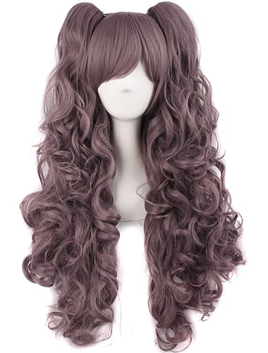  Pferdeschwanz-Perücke synthetische Perücke lockig wellig mit Pony lange hellgoldene lila pinke hellblonde dunkelbraune weinrote synthetische Haare 28 Zoll Damen Anime-Cosplay kreative blaue lila