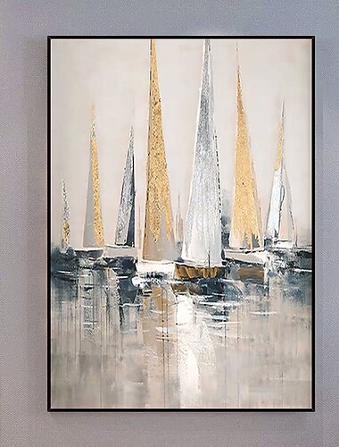  håndlavet oliemaleri lærred vægkunst dekoration gylden og grå sejlbåd til boligindretning rullet rammeløs ustrakt maleri