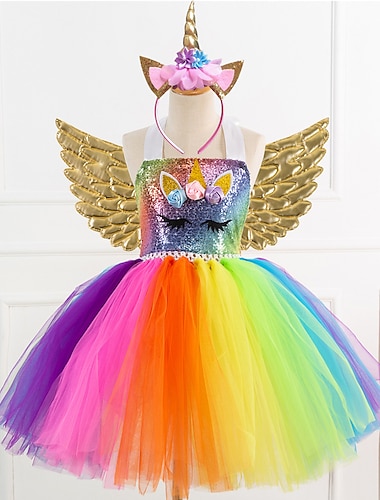  Enhjørning Kjoler Vinger Pannebånd Dans Tett Tutuer feriekjole Film-Cosplay for Jente Barn Baby Jul Karneval Nytt År Bryllup Bryllupsgjest