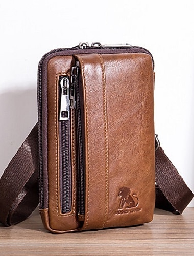  sac à bandoulière vertical en cuir marron élégant - sac à bandoulière compact pour hommes avec plusieurs poches zippées, idéal pour un usage quotidien et les voyages